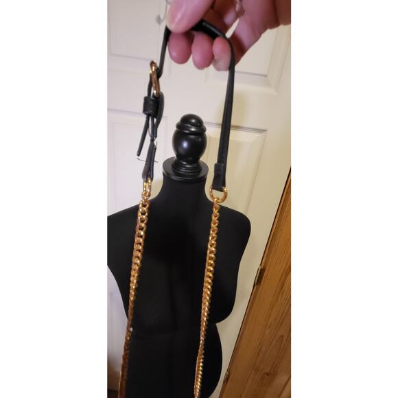 BeBe Crossbody purse, black, long gold color strap, divided sections. - Picture 11 of 13